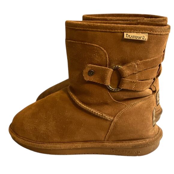BEARPAW ANKLE SHERLING BOOTS Women's Size 8 Tan Brown Round Toe Faux Fur Leather - Picture 7 of 12